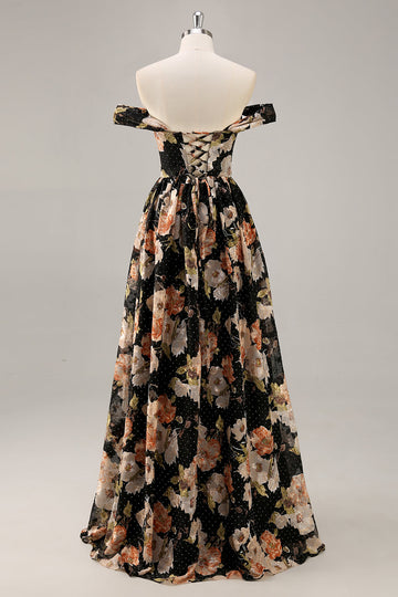 Vestido largo de dama de honor fruncido floral negro brillante con abalorios